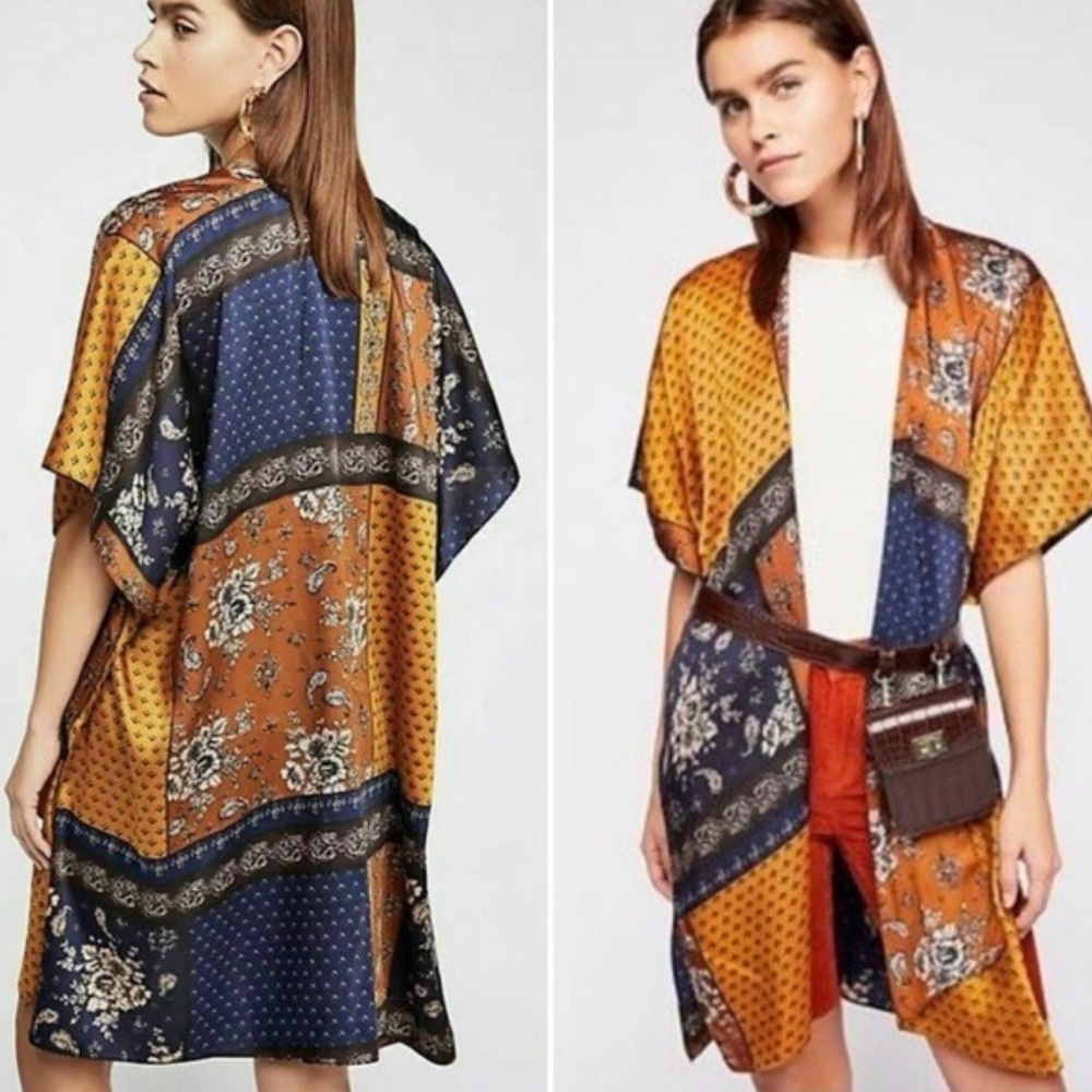 Free People Patchwork Floral Kimono in Mustard and Navy